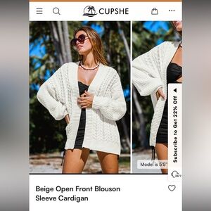 Cup She Beige Open Front Blouson Sleeve Cardigan NWT size small